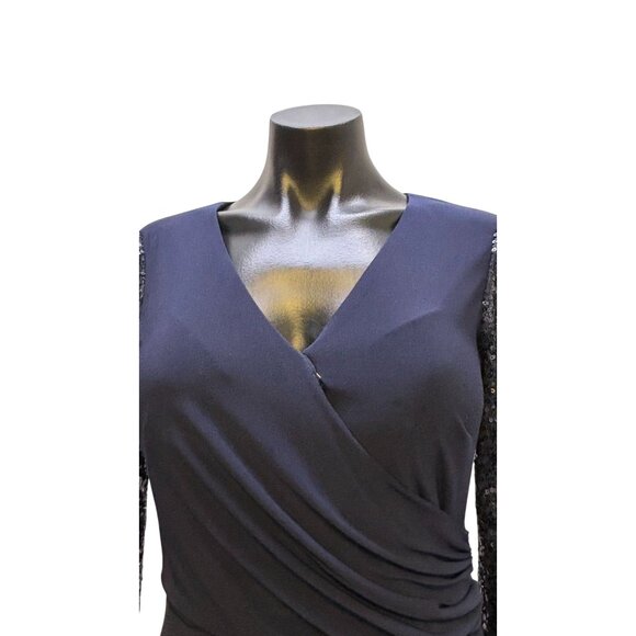 Eliza J Navy Long Formal Gown With Sequined Sleeves & Surplice Neckline Size 6 - Picture 5 of 8